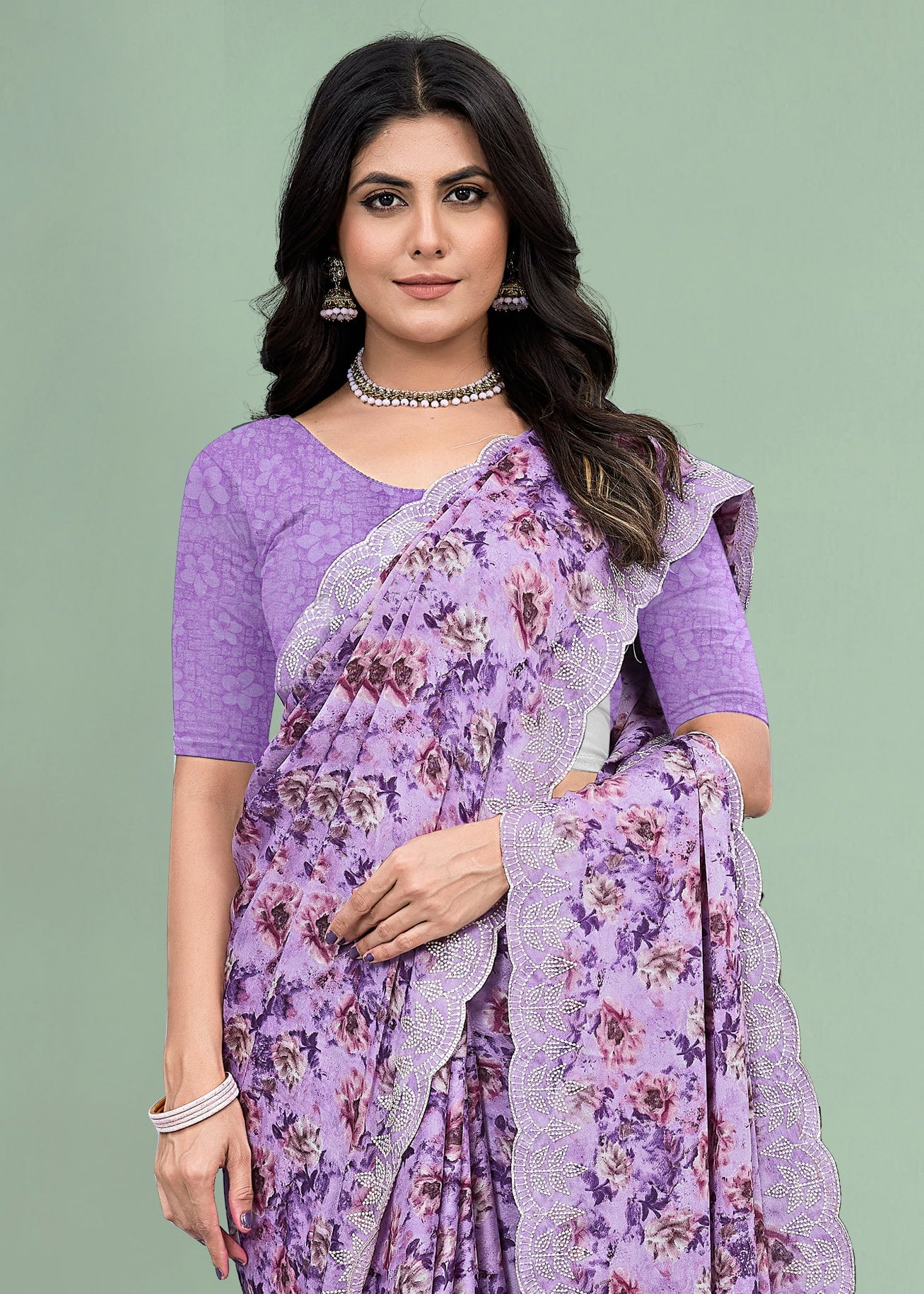 Lavender Silk Georgette Saree with Abstract Floral Design and Cutwork Embroidery Border - Rupam Prints 91029-B Lavender Image 3