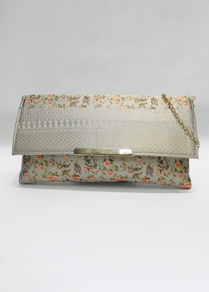 Light Grey Floral Printed Zari Woven Art Silk Clutch with golden Sling - Clutch D.No.02 P25 Full Image