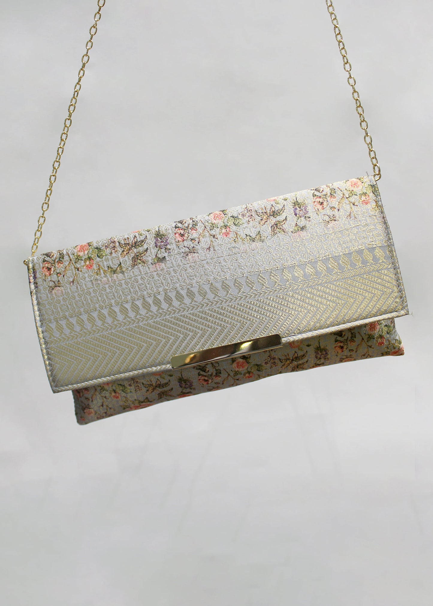 Light Grey Floral Printed Zari Woven Art Silk Clutch with golden Sling - Clutch D.No.02 P25 Zoom Image