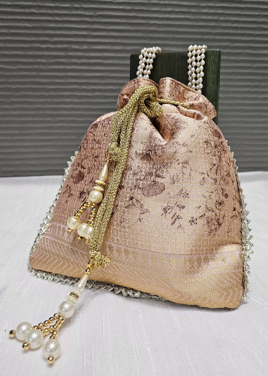 Light Peach Digital Printed Zari WovenArt Silk Ethnic Potli Bag with Pearl String Handle - Potli Bag D.No.07 P73 Light Peach Full image