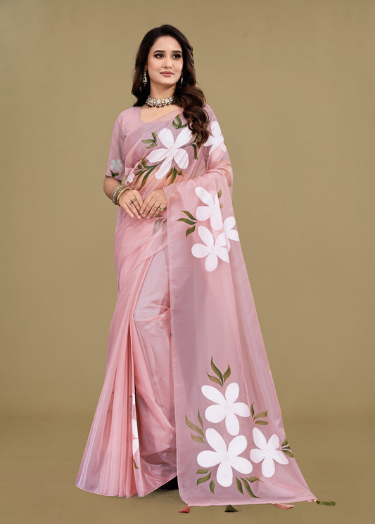 Light Pink Organza Saree with Hand-Painted Florals, Crystal Embellishments & Tassel