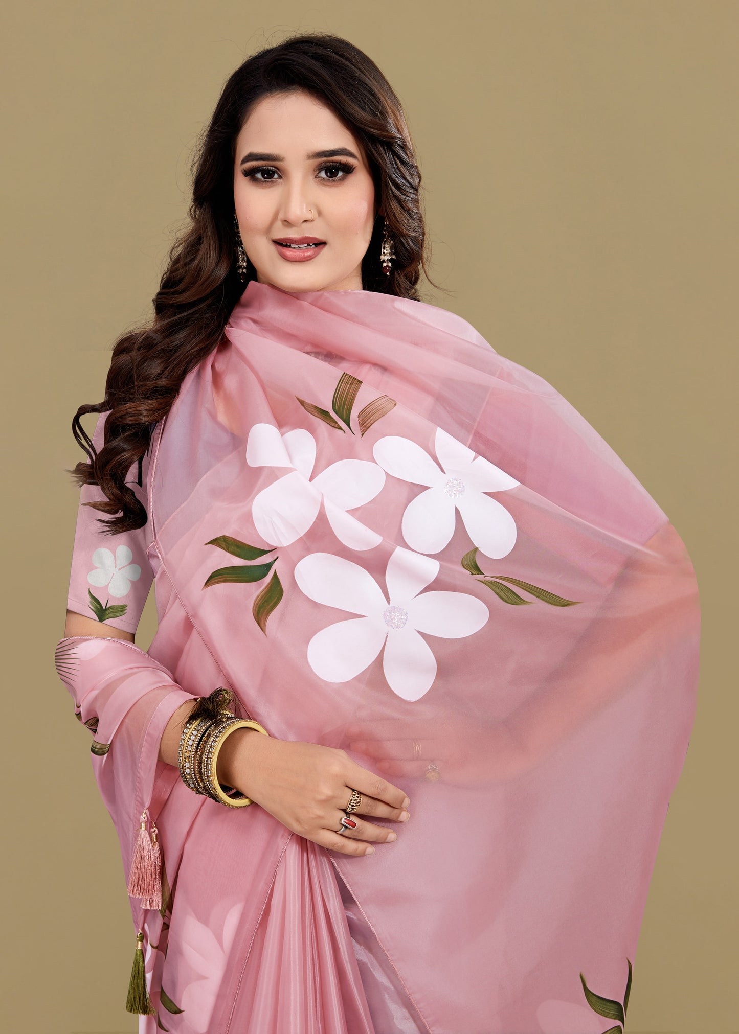 Light Pink Organza Saree with Hand-Painted Florals, Crystal Embellishments & Tassel Image 2