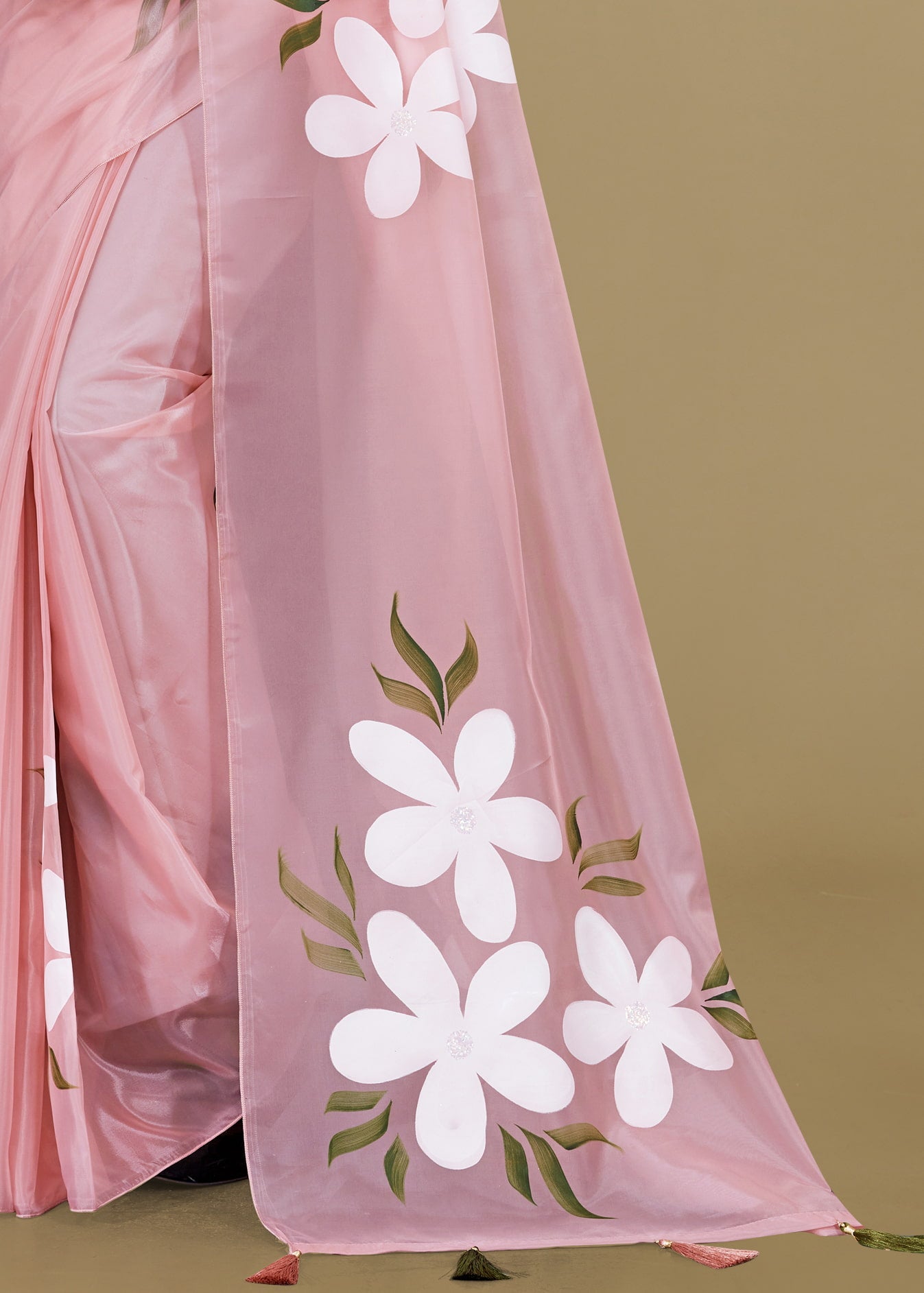 Light Pink Organza Saree with Hand-Painted Florals, Crystal Embellishments & Tassel