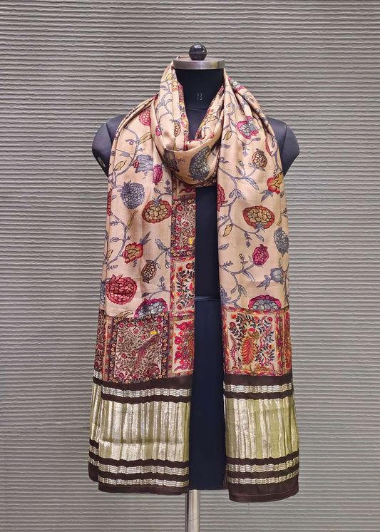 Light Peach Kalamkari Digital Printed Gaji Silk Dupatta with Zari Weave Border Image 1