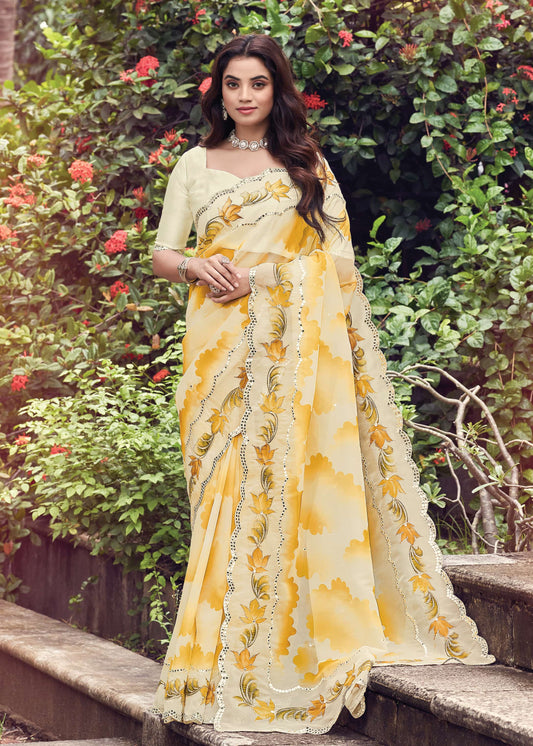 Yellow Floral Hand Painted Organza Designer Embroidered Border Saree with Cutwork