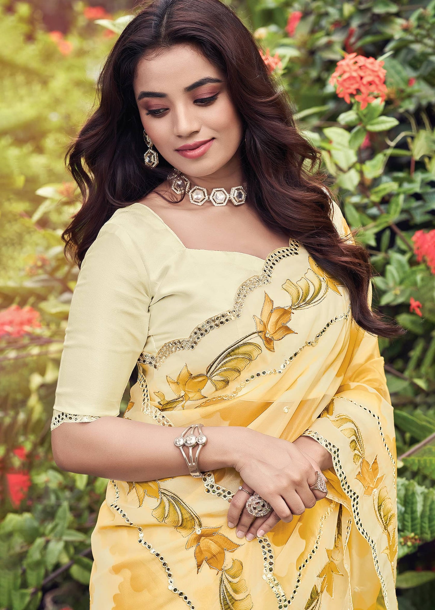 Yellow Floral Hand Painted Organza Designer Embroidered Border Saree with Cutwork