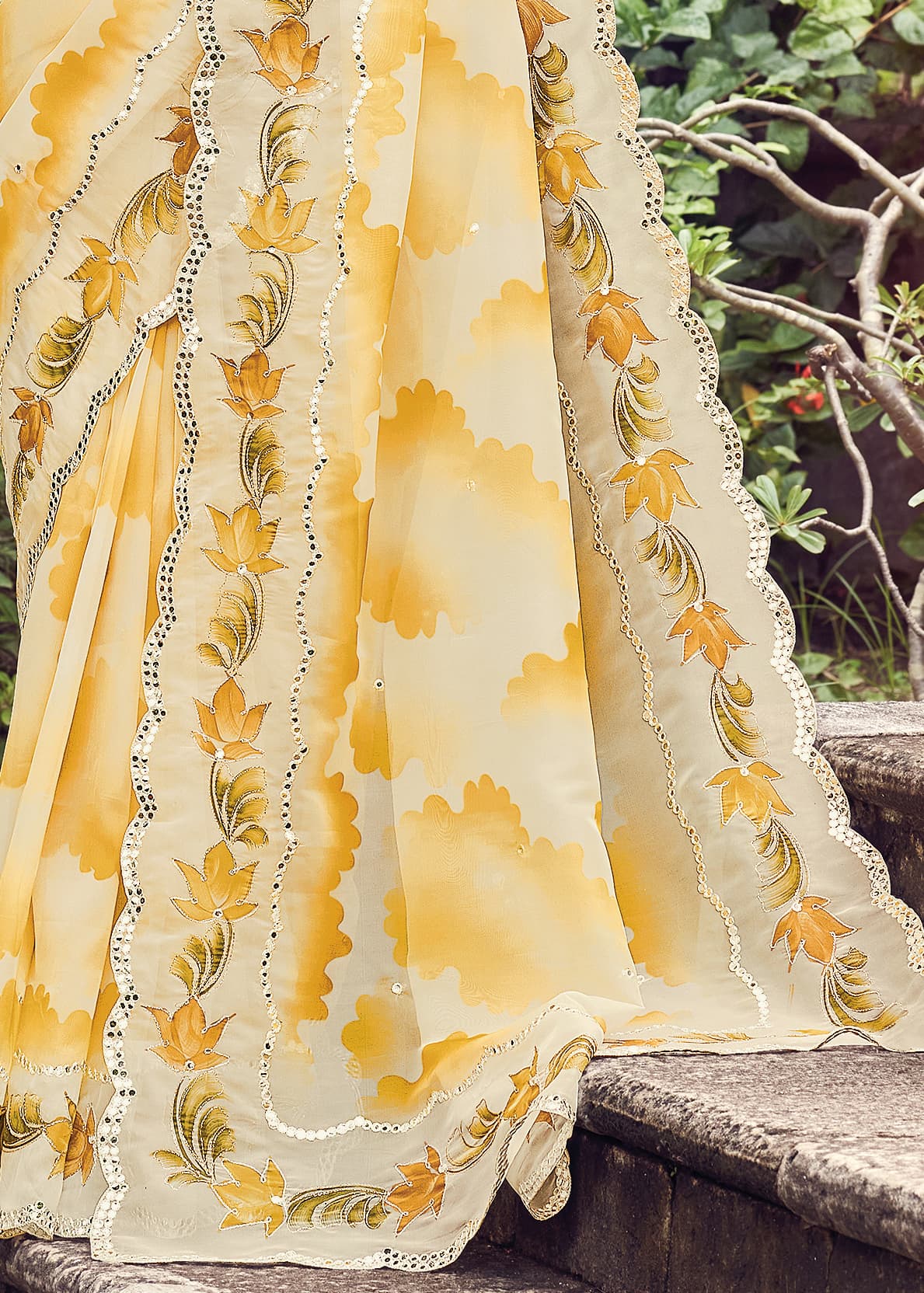 Yellow Floral Hand Painted Organza Designer Embroidered Border Saree with Cutwork