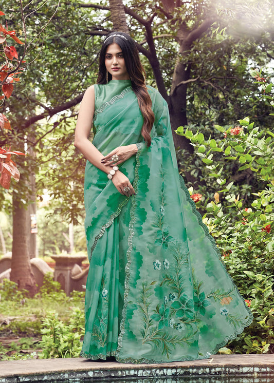 Jungle Green Floral Hand Painted Organza Designer Saree with Embroidered Cutwork Border