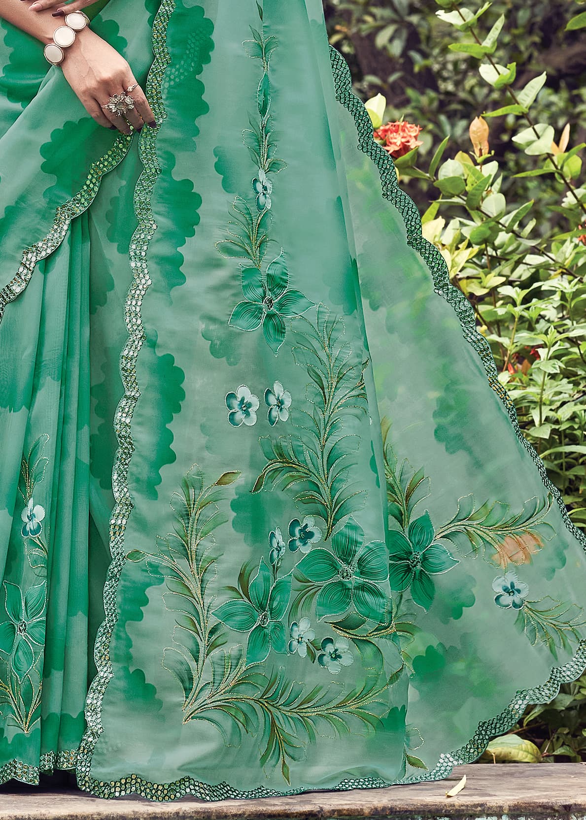 Jungle Green Floral Hand Painted Organza Designer Saree with Embroidered Cutwork Border