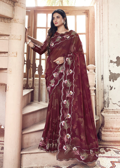 Wine Floral Hand Painted Organza Designer Embroidered Border Saree with Cutwork