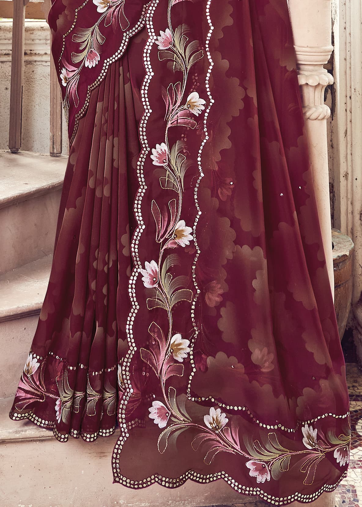 Wine Floral Hand Painted Organza Designer Embroidered Border Saree with Cutwork