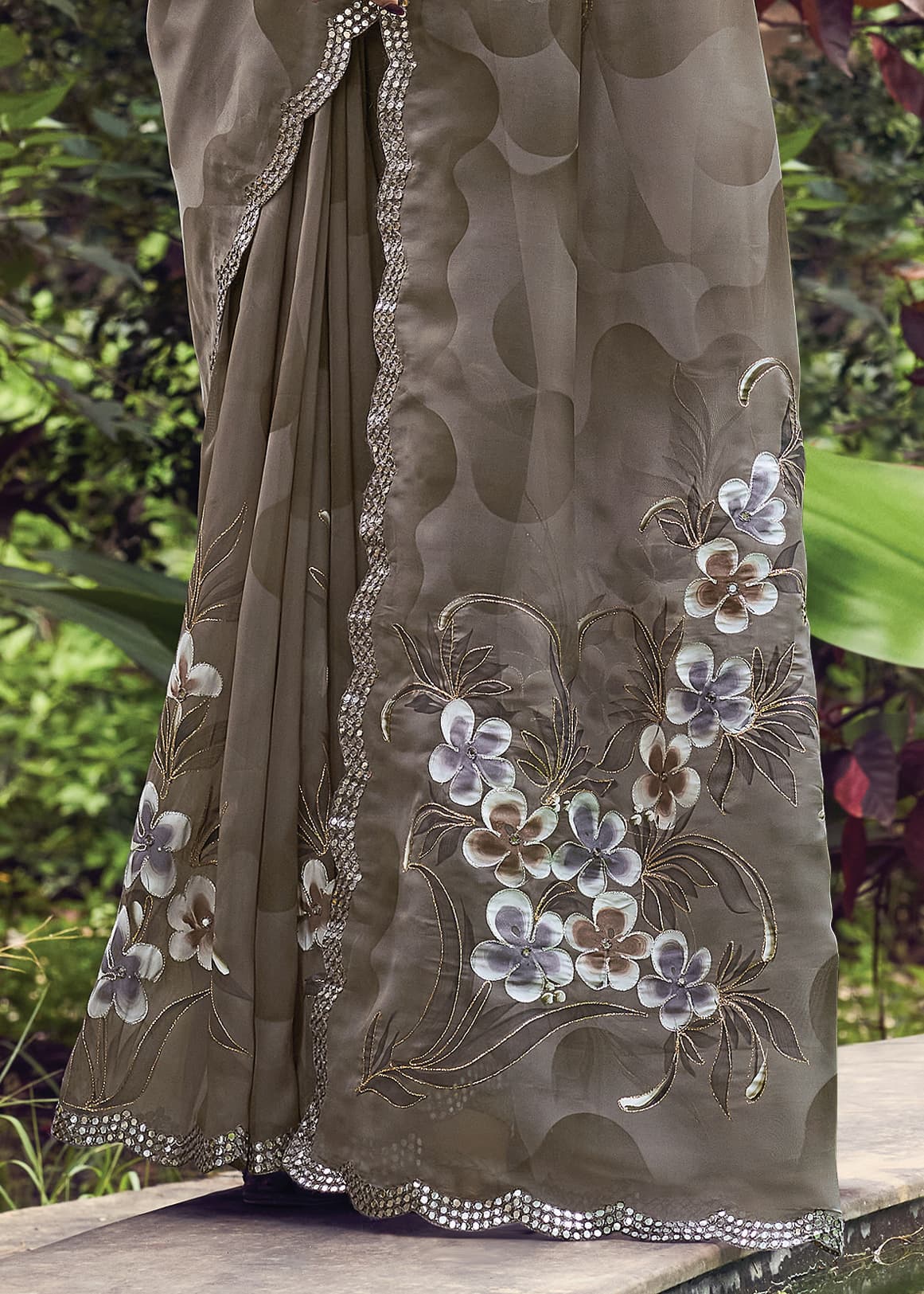 Grey Floral Hand Painted Organza Designer Embroidered Border Saree with Cutwork