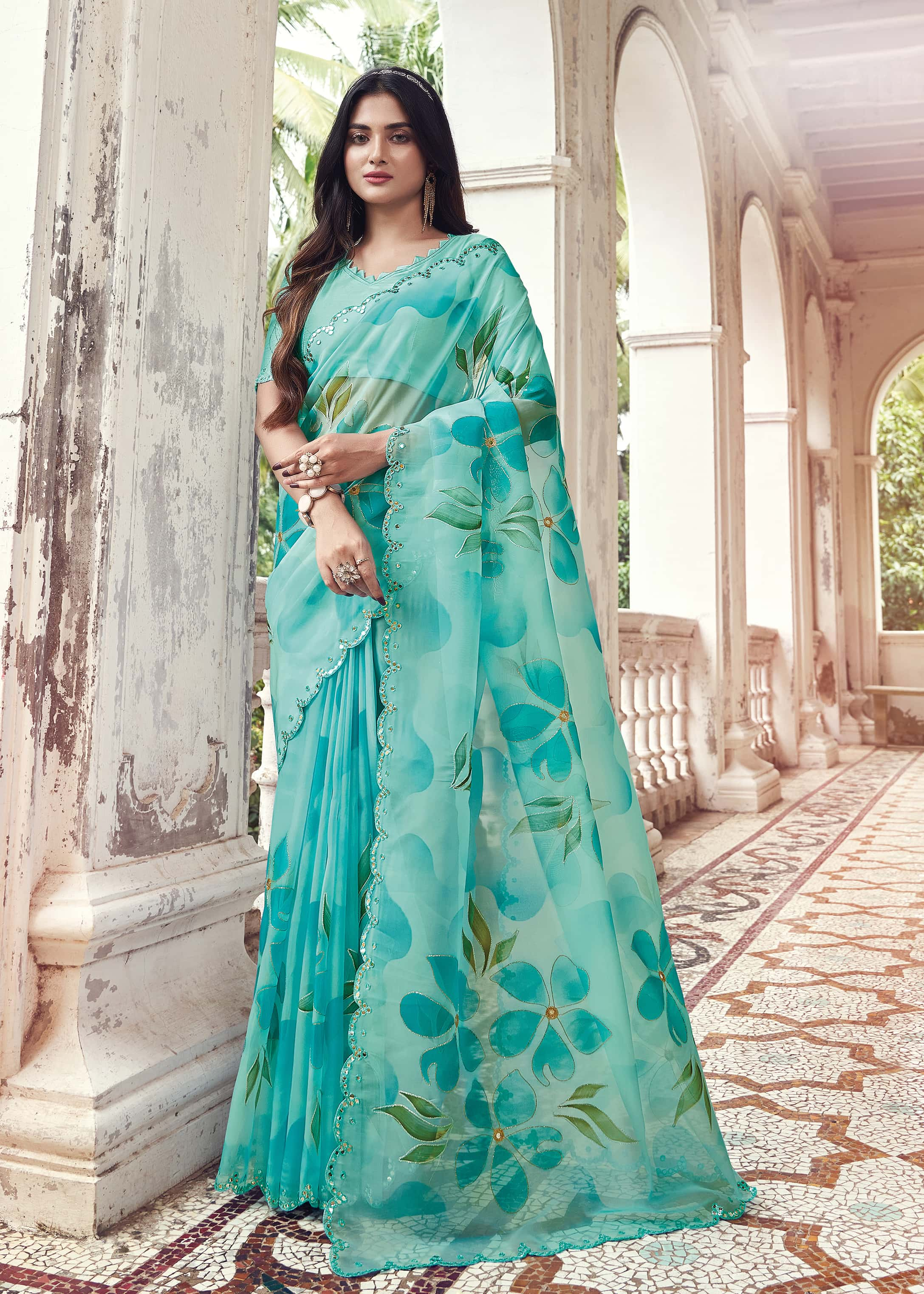 Buy Beige Chinnon Embroidered Abla Border Saree For Women by Nazaakat by  Samara Singh Online at Aza Fashions.