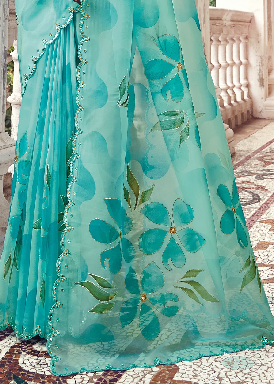 Sky Blue Floral Hand Painted Organza Designer Embroidered Border Saree with Cutwork