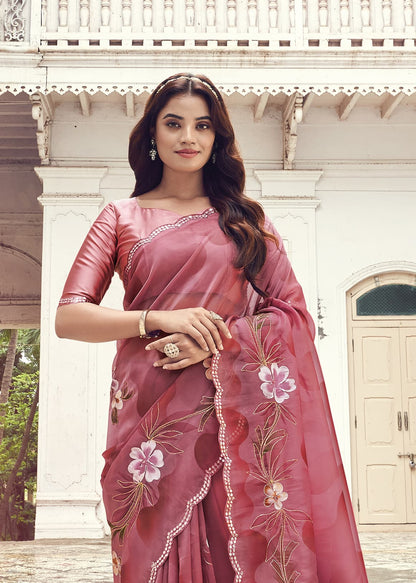 Dusty Pink Floral Hand Painted Organza Designer Embroidered Border Saree with Cutwork