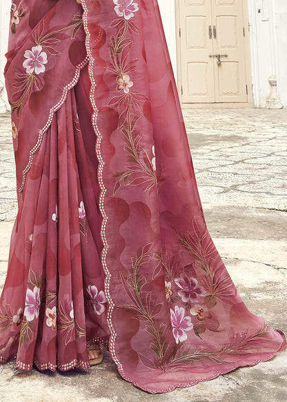 Dusty Pink Floral Hand Painted Organza Designer Embroidered Border Saree with Cutwork