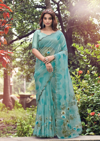 Light Blue Floral Hand Painted Organza Designer Embroidered Border Saree with Cutwork