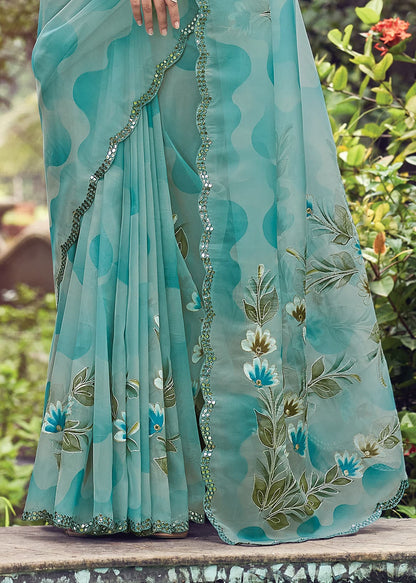 Light Blue Floral Hand Painted Organza Designer Embroidered Border Saree with Cutwork