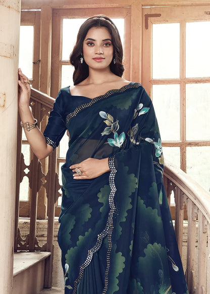 Navy Blue Floral Hand Painted Organza Designer Embroidered Border Saree with Cutwork