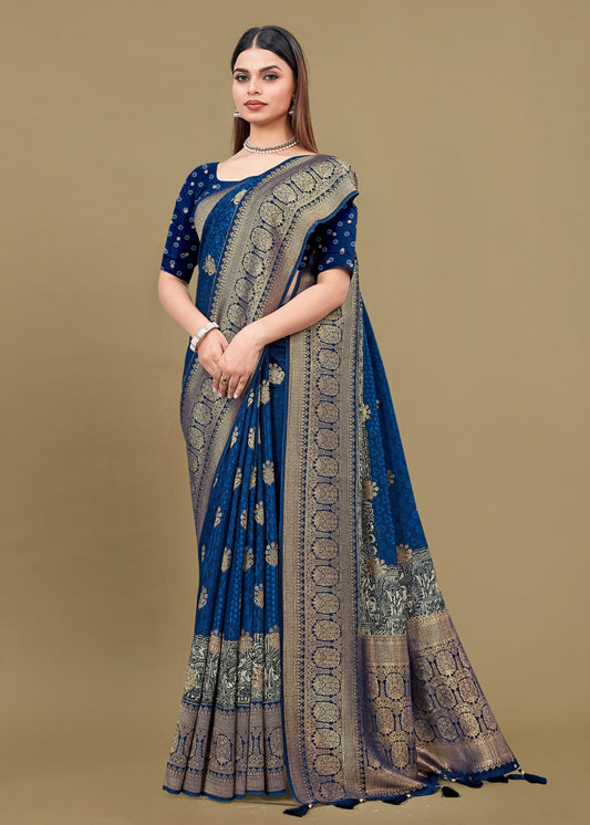 Lustrous Blue Satin Silk Saree with Bold Ikat Motifs and Refined Zari Woven Border Accents - Fiesta Silk 70092 Blue First Image