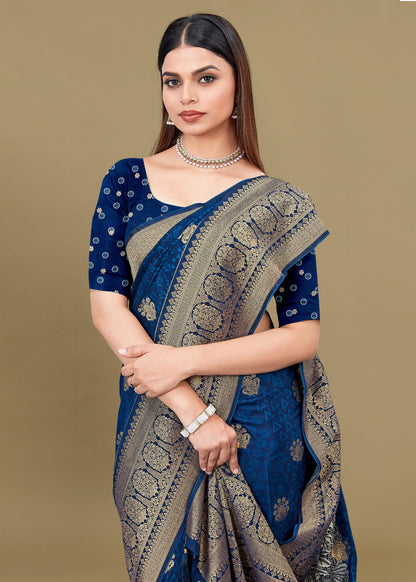 Lustrous Blue Satin Silk Saree with Bold Ikat Motifs and Refined Zari Woven Border Accents - Fiesta Silk 70092 Blue Second Image