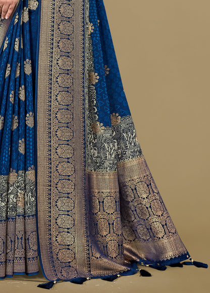 Lustrous Blue Satin Silk Saree with Bold Ikat Motifs and Refined Zari Woven Border Accents - Fiesta Silk 70092 Blue Third Image