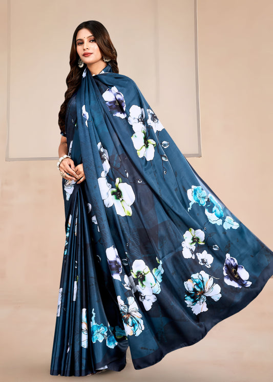 Lustrous Teal Satin Saree with Contemporary Floral Motifs