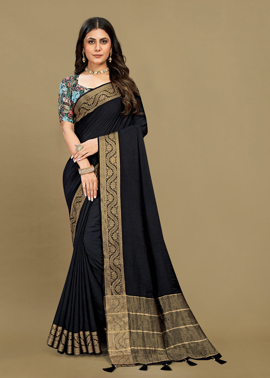 Luxurious Rani Fine Silk Saree with Zari Weave, Aari Printed Blouse, and Tassels - Fine Silk D.No. 44022 Black Image 1