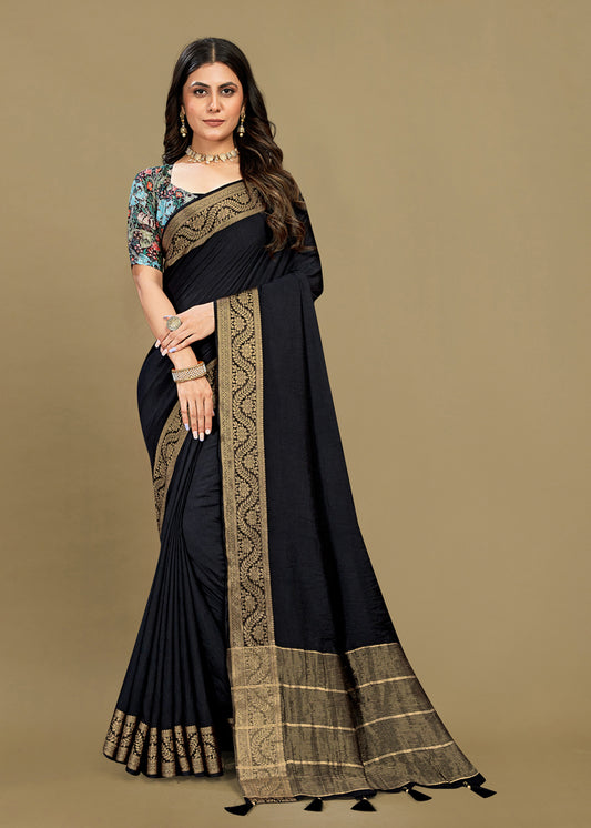 Luxurious Rani Fine Silk Saree with Zari Weave, Aari Printed Blouse, and Tassels - Fine Silk D.No. 44022 Black Image 1