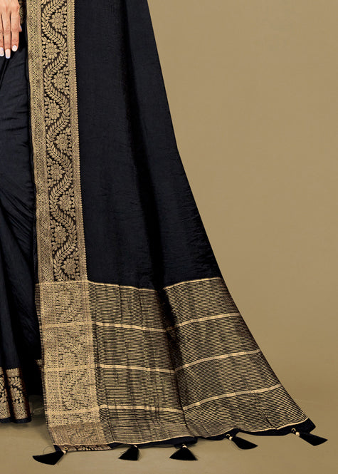 Luxurious Rani Fine Silk Saree with Zari Weave, Aari Printed Blouse, and Tassels - Fine Silk D.No. 44022 Black Image 3