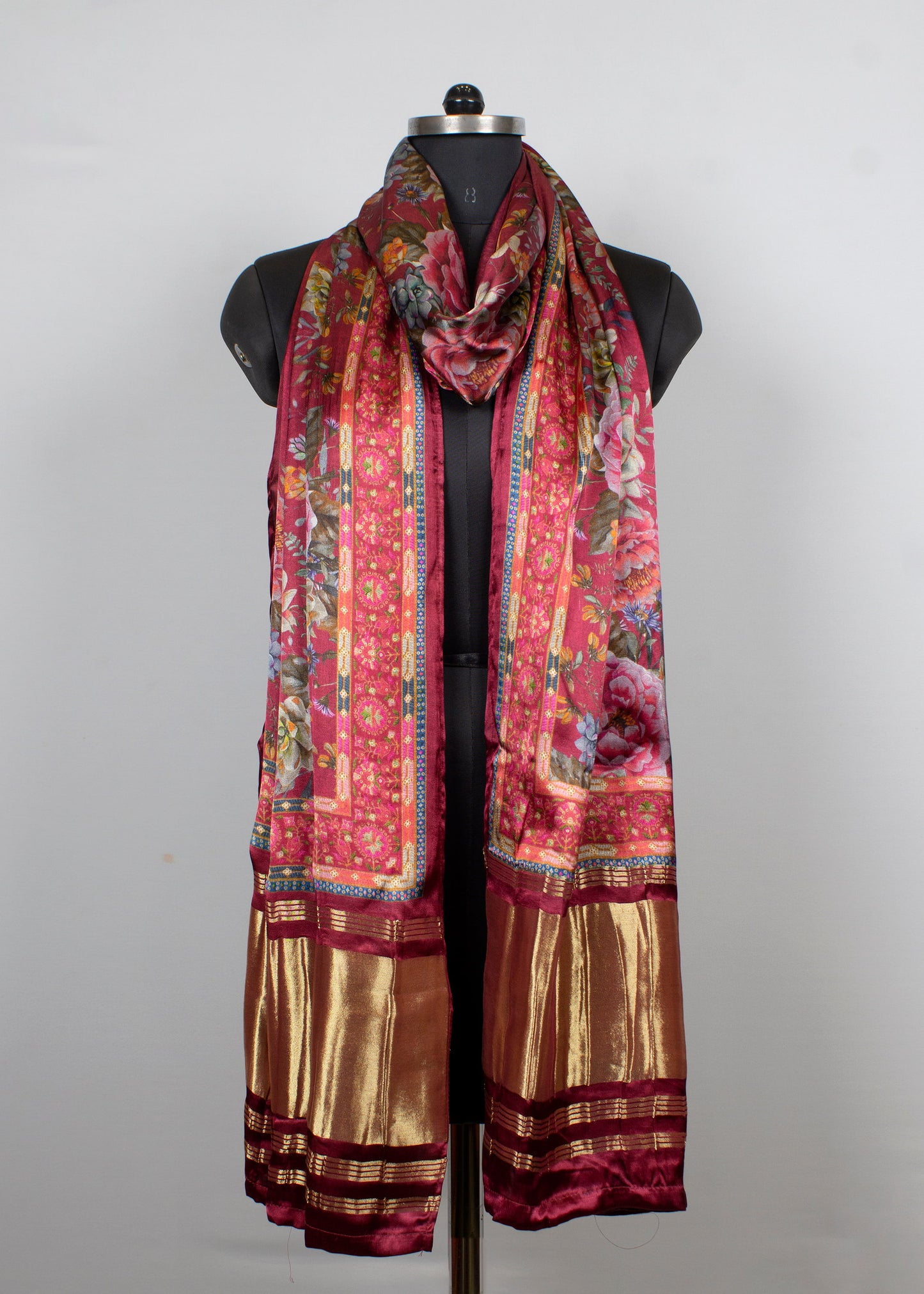 Magenta Gaji Silk Dupatta with Floral Digital Prints and Zari Woven Lagdi Patta Border - Pure Gaji Silk Dupatta 1128 Magenta Front Image
