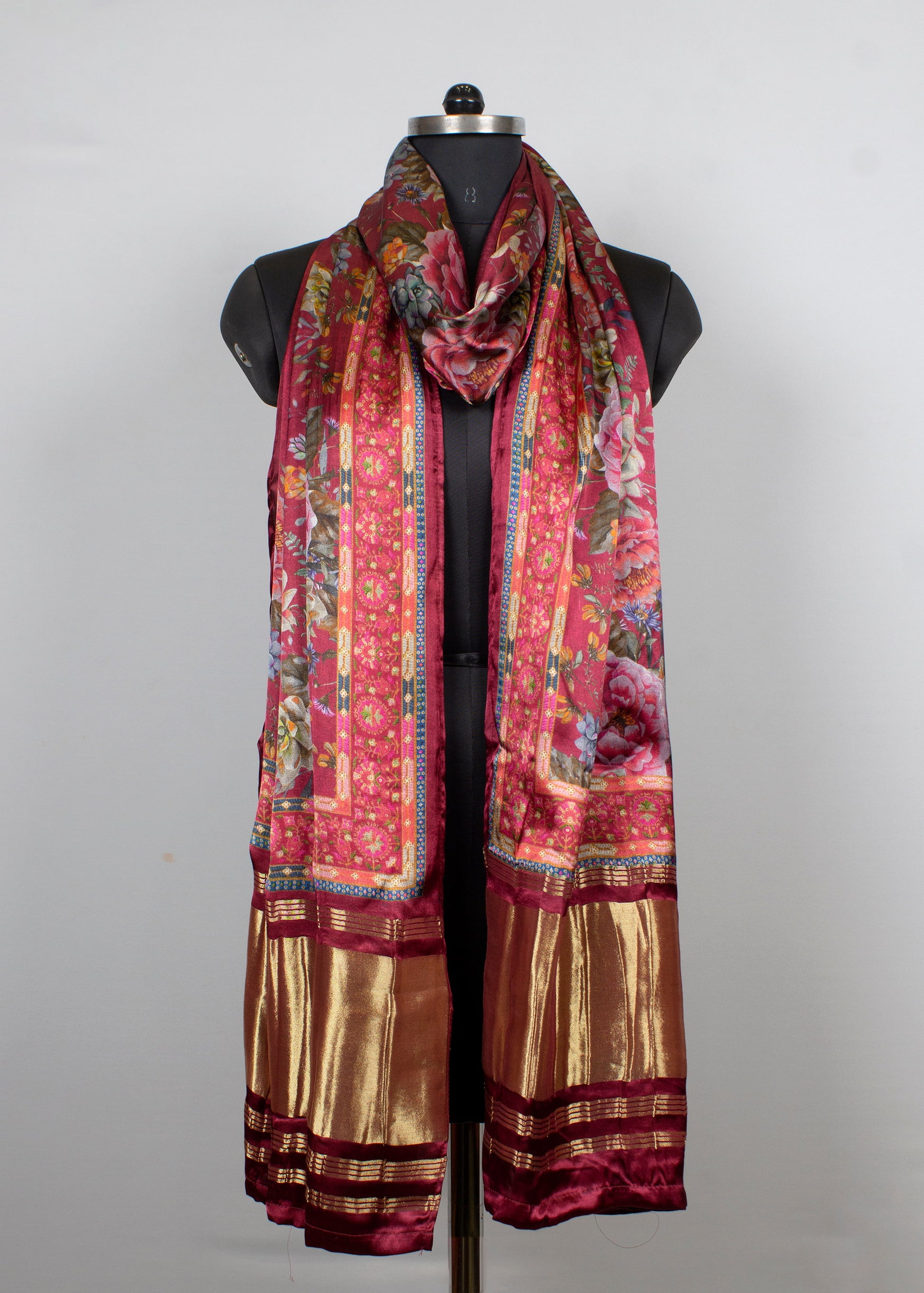 Magenta Gaji Silk Dupatta with Floral Digital Prints and Zari Woven Lagdi Patta Border - Pure Gaji Silk Dupatta 1128 Magenta Front Image