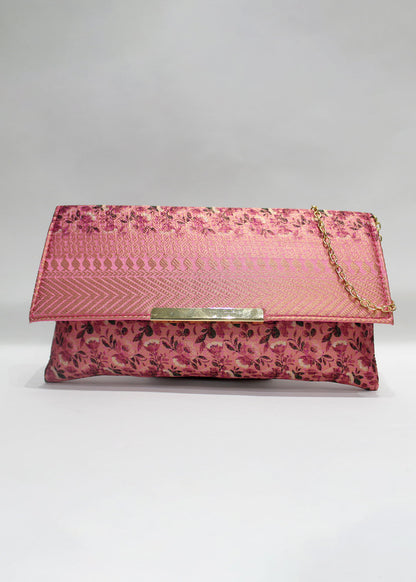 Magenta Zari Woven Art Silk Floral Printed Clutch with Golden Sling - Clutch D. No. 04 P11 Magenta Full Image