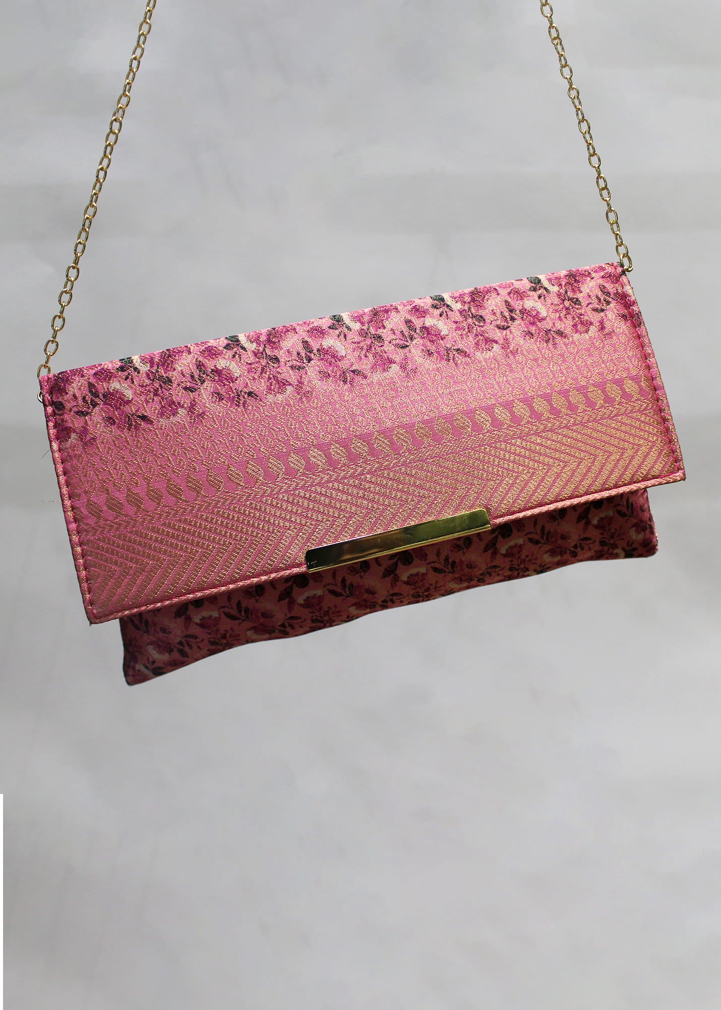 Magenta Zari Woven Art Silk Floral Printed Clutch with Golden Sling - Clutch D. No. 04 P11 Magenta Side Image