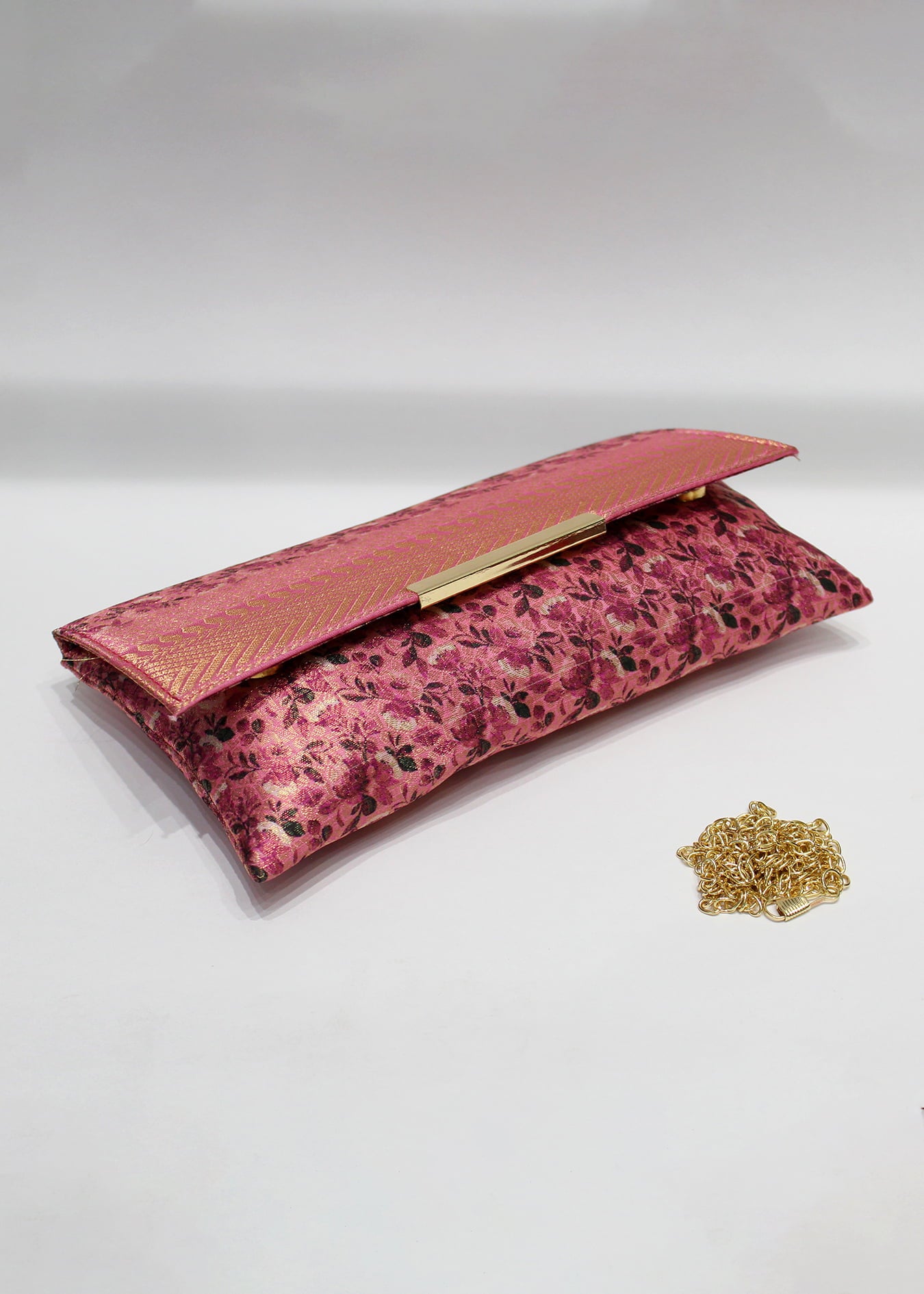 Magenta Zari Woven Art Silk Floral Printed Clutch with Golden Sling - Clutch D. No. 04 P11 Magenta Second Image