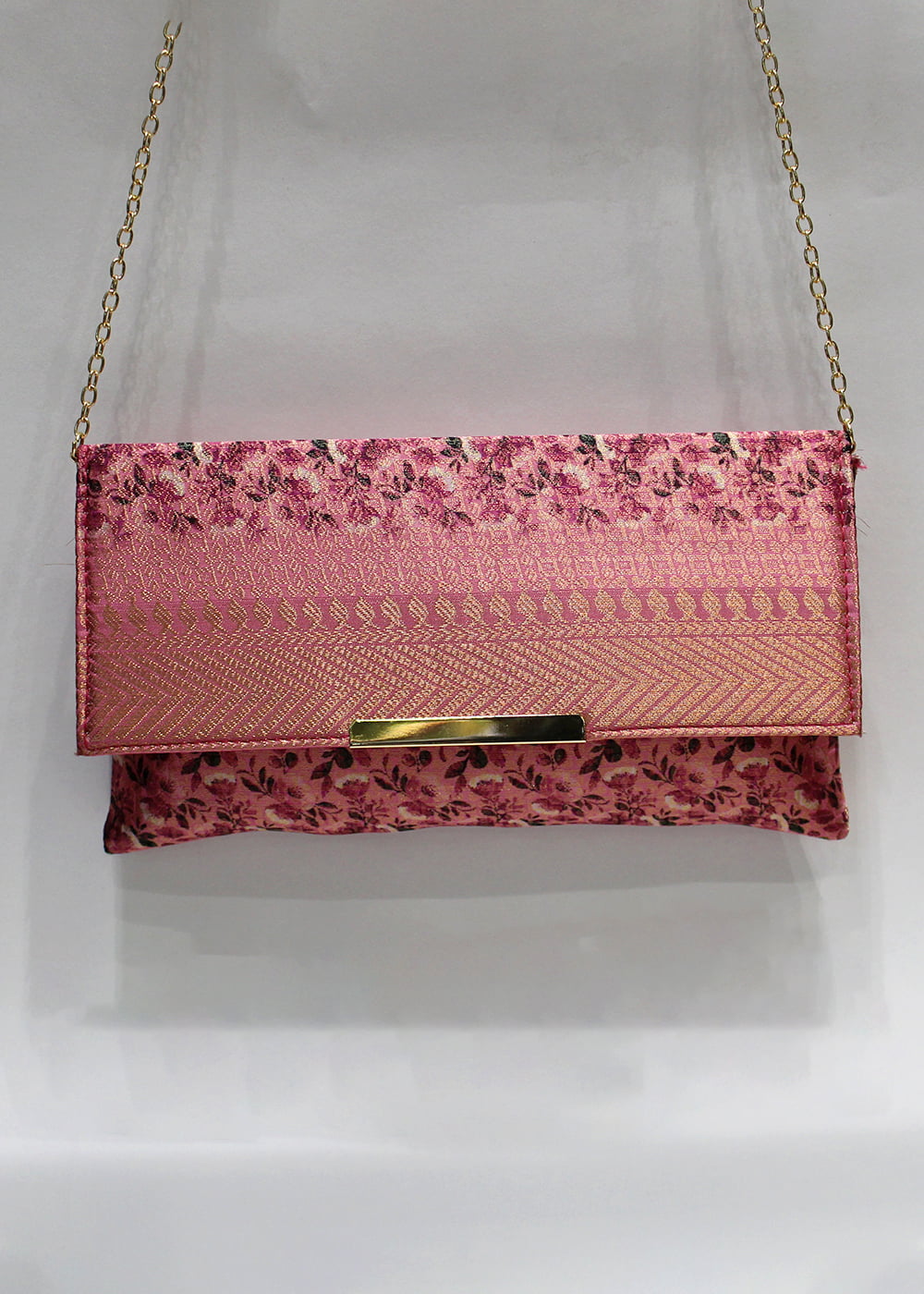 Magenta Zari Woven Art Silk Floral Printed Clutch with Golden Sling - Clutch D. No. 04 P11 Magenta Zoom Image