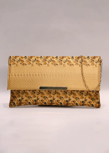 Marigold Zari Woven Art Silk Floral Printed Clutch with Golden Sling - Clutch D. No. 04 P31 Marigold Full Image View