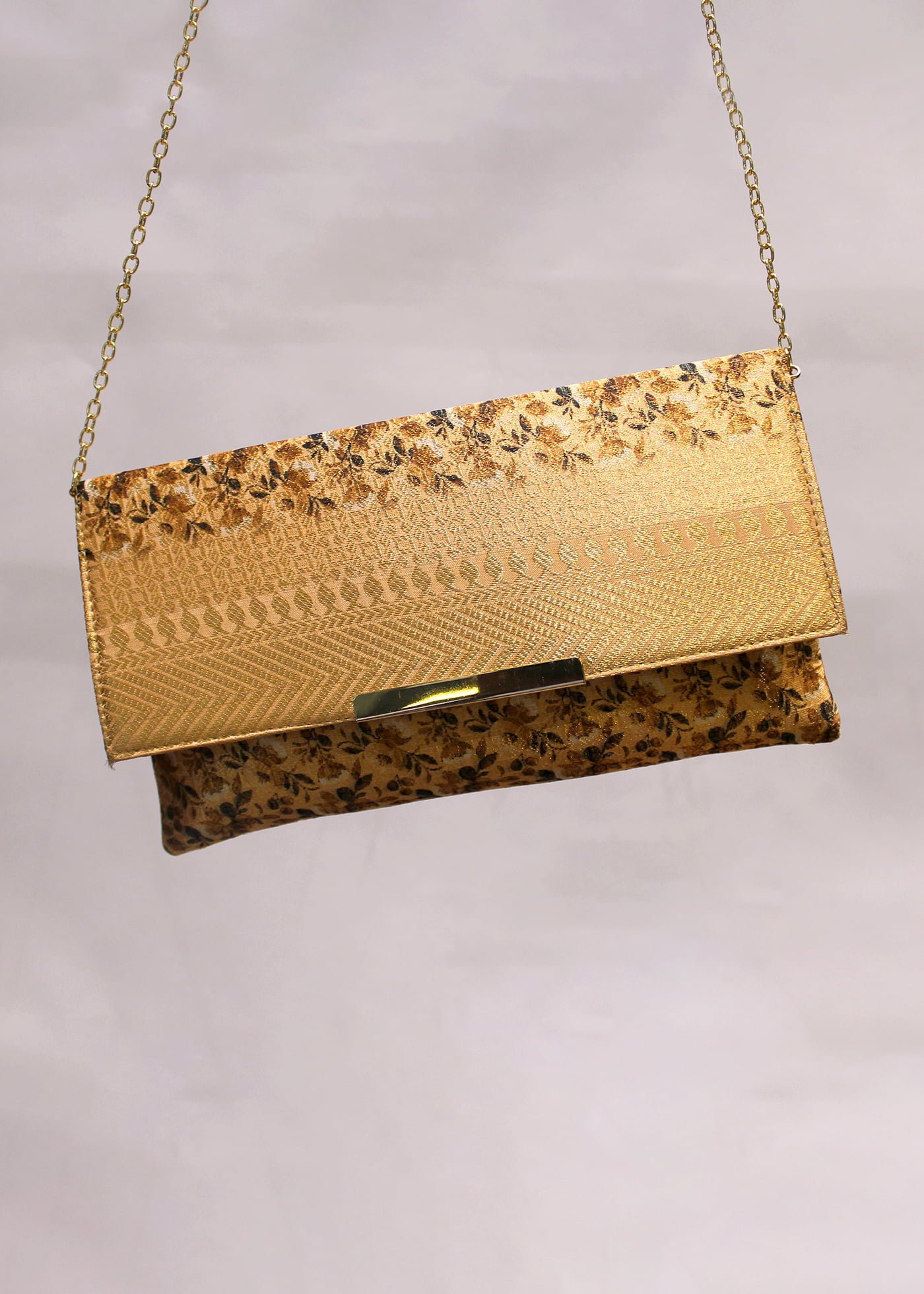 Marigold Zari Woven Art Silk Floral Printed Clutch with Golden Sling - Clutch D. No. 04 P31 Marigold Second Image View