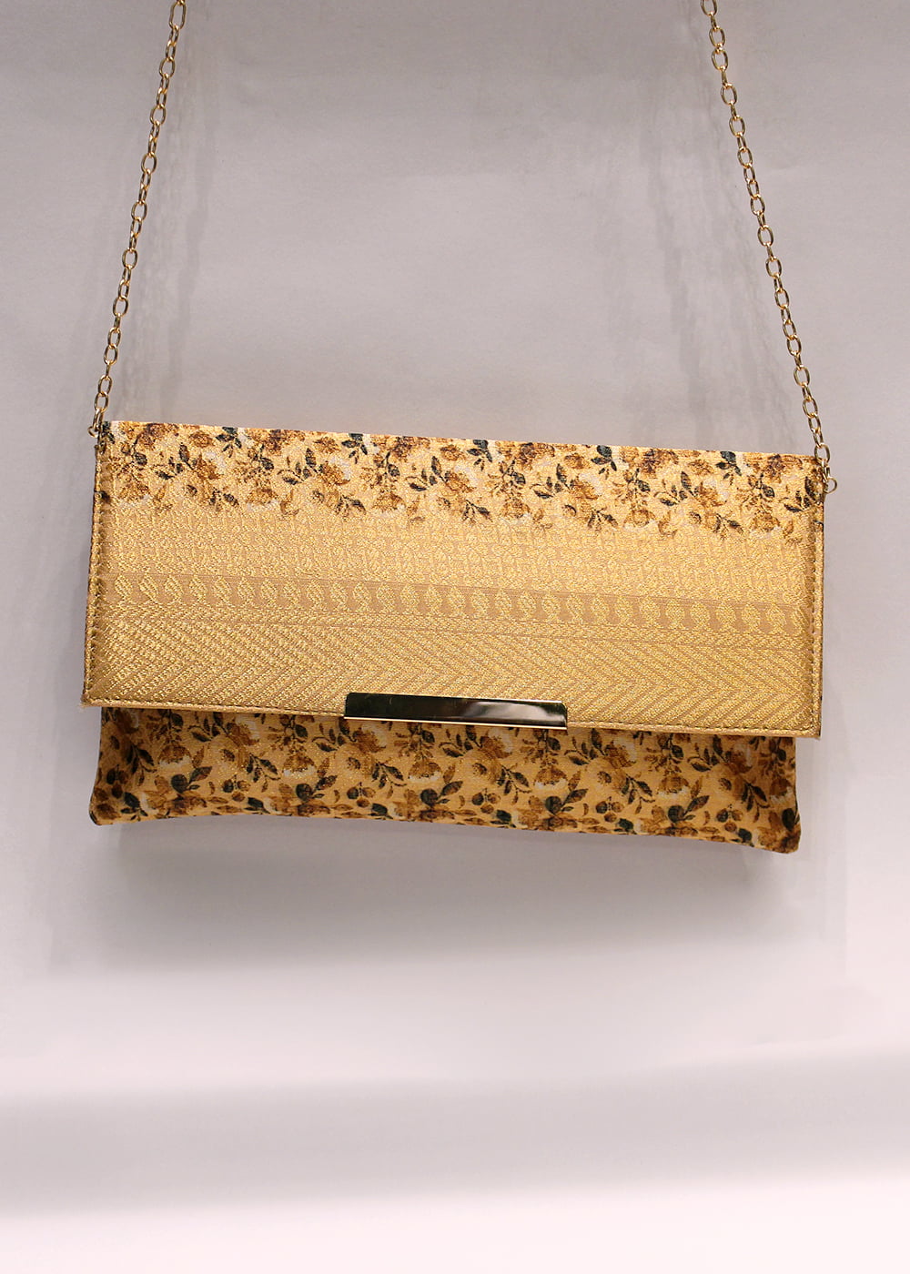 Marigold Zari Woven Art Silk Floral Printed Clutch with Golden Sling - Clutch D. No. 04 P31 Marigold Zoom Image View