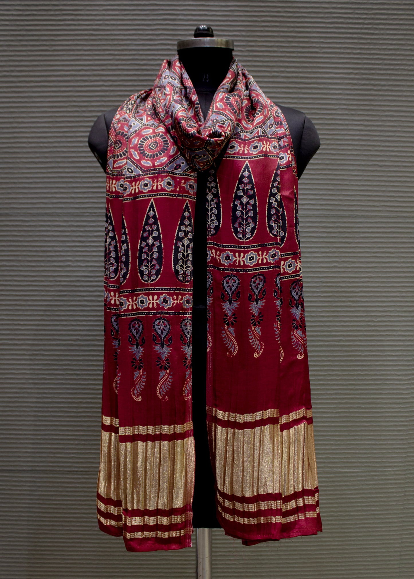 Maroon Ajrakh Printed Pure Gaji Silk Dupatta with Zari Woven Border - Pure Gaji Silk Dupatta D.No 1105 Maroon First Image