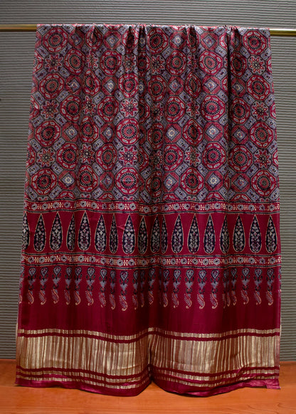 Maroon Ajrakh Printed Pure Gaji Silk Dupatta with Zari Woven Border - Pure Gaji Silk Dupatta D.No 1105 Maroon Second Image