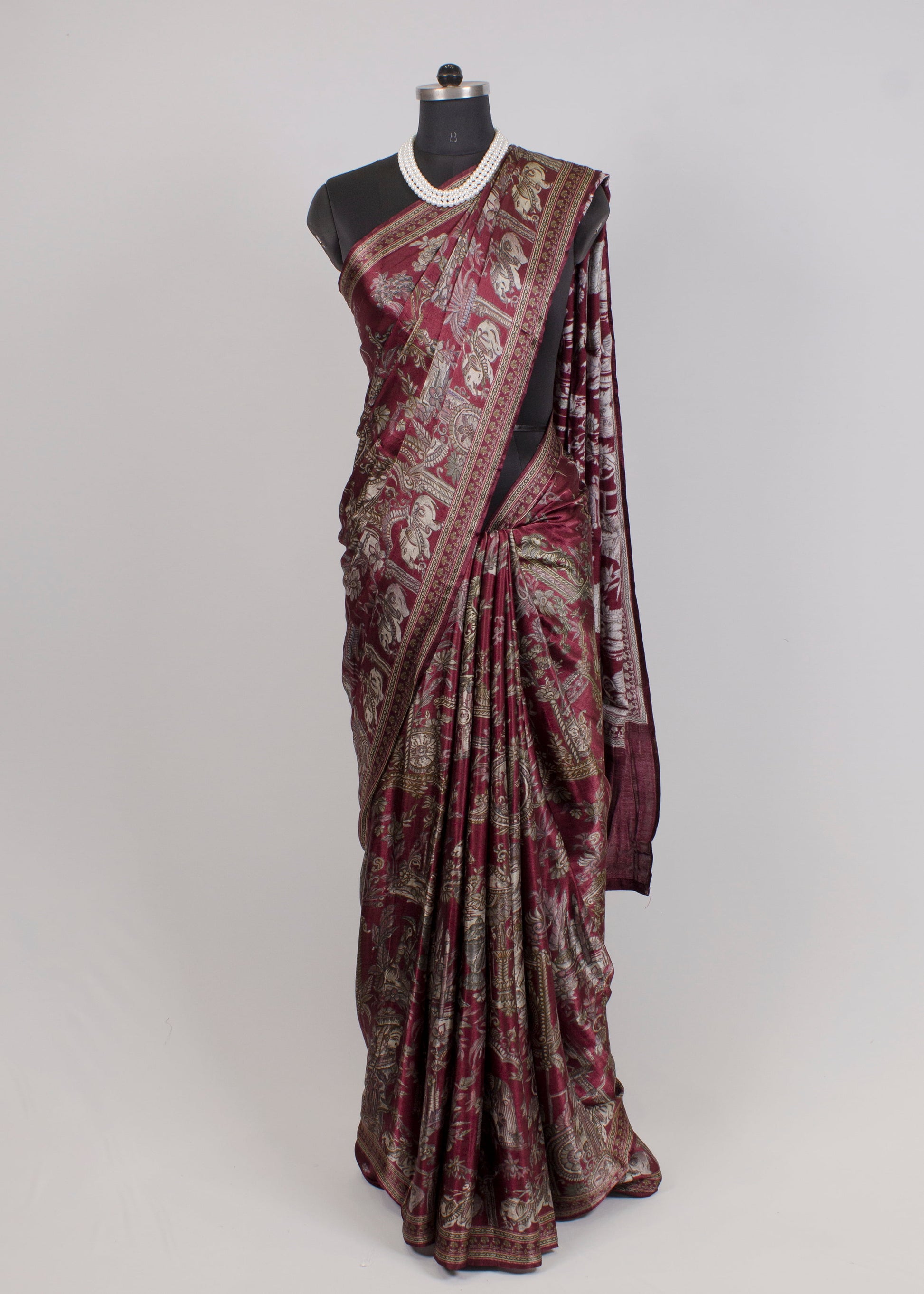 Maroon Gajji Silk Saree Featuring Ethnic Prints and a Classic Lagdi Patto Design - Gaji Silk Saree 7002 Maroon Image 1