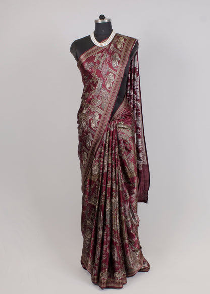 Maroon Gajji Silk Saree Featuring Ethnic Prints and a Classic Lagdi Patto Design - Gaji Silk Saree 7002 Maroon Image 1