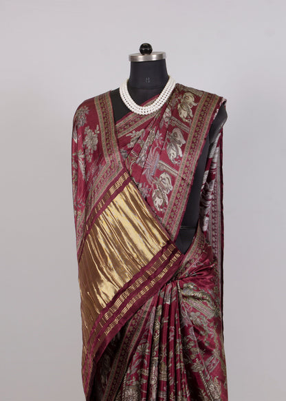 Maroon Gajji Silk Saree Featuring Ethnic Prints and a Classic Lagdi Patto Design - Gaji Silk Saree 7002 Maroon Image 3