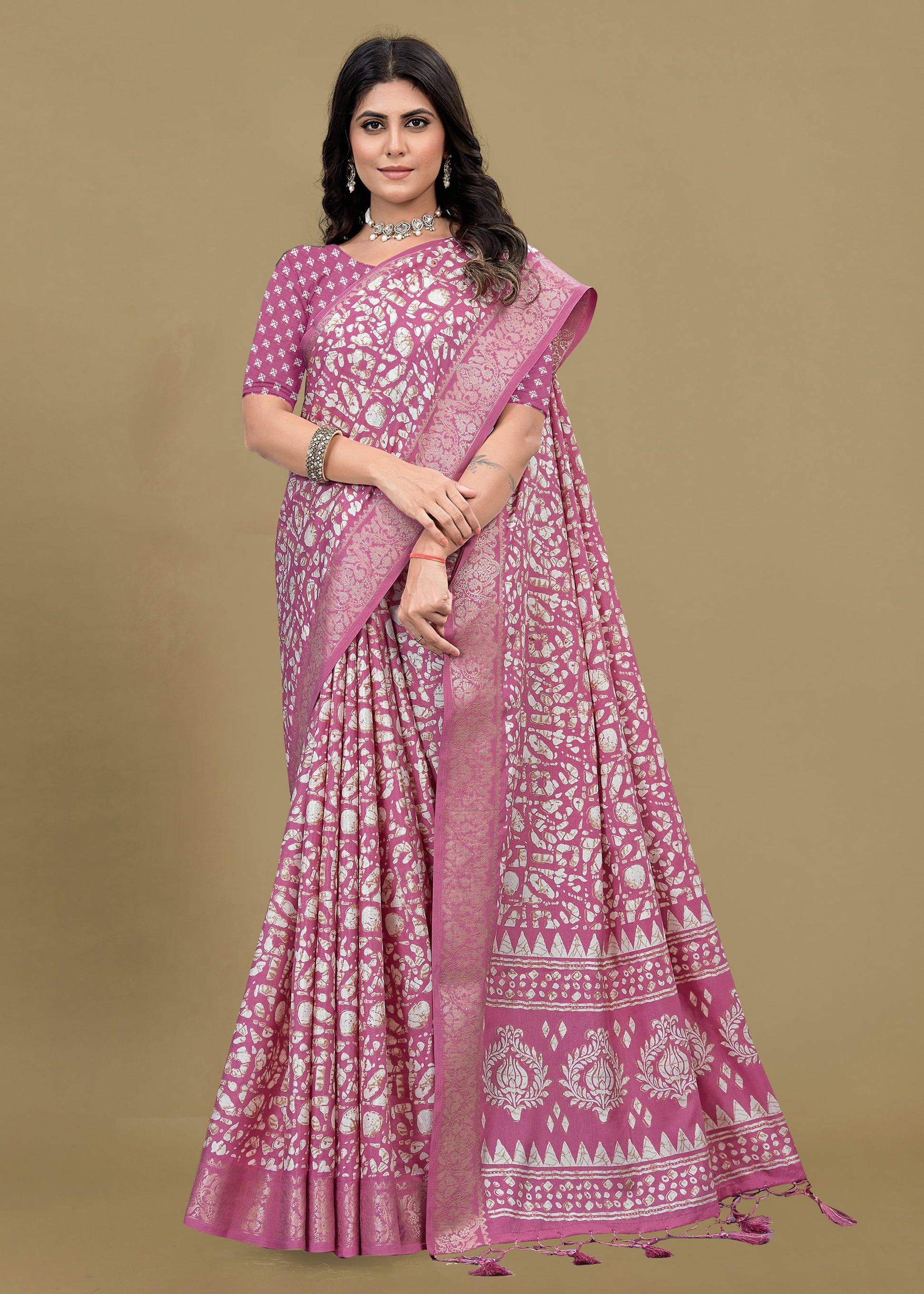 Mauve Pink Cotton Saree with Delicate Floral Prints, Foil Highlights, and Zari Woven Trim - Madras Silk 22062-A Mauve Pink Image 1