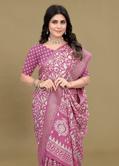 Mauve Pink Cotton Saree with Delicate Floral Prints, Foil Highlights, and Zari Woven Trim - Madras Silk 22062-A Mauve Pink Image 2