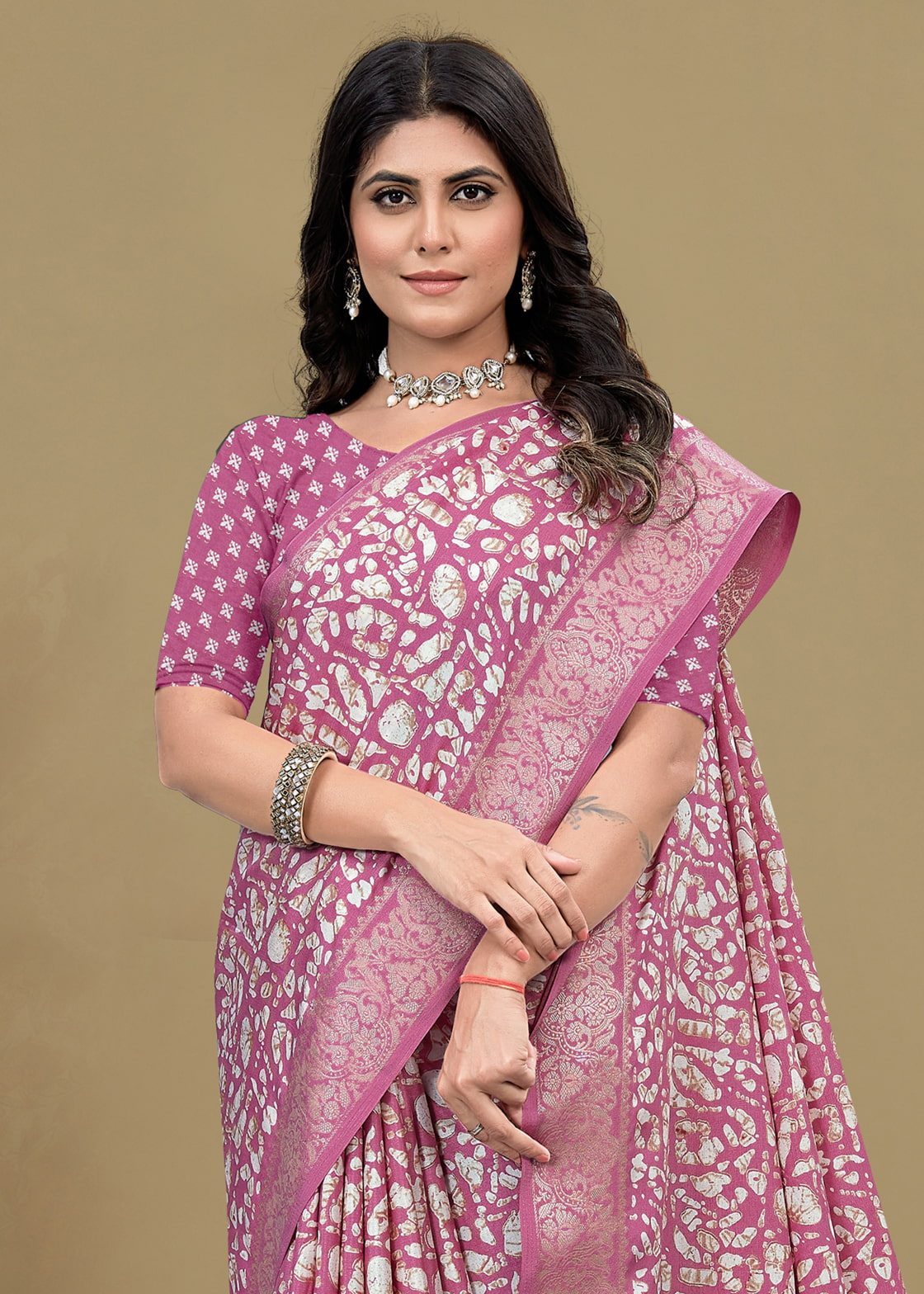 Mauve Pink Cotton Saree with Delicate Floral Prints, Foil Highlights, and Zari Woven Trim - Madras Silk 22062-A Mauve Pink Image 3