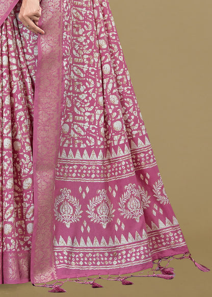 Mauve Pink Cotton Saree with Delicate Floral Prints, Foil Highlights, and Zari Woven Trim - Madras Silk 22062-A Mauve Pink Image 4