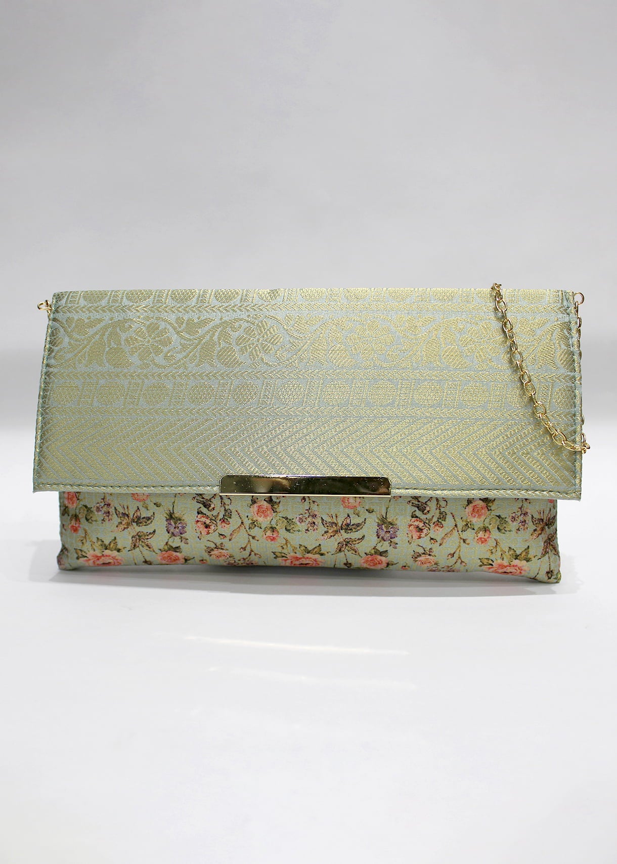 Mint Green Floral Printed Zari Woven Art Silk Clutch with golden Sling - Clutch D.No.02 P23 Zoom Image