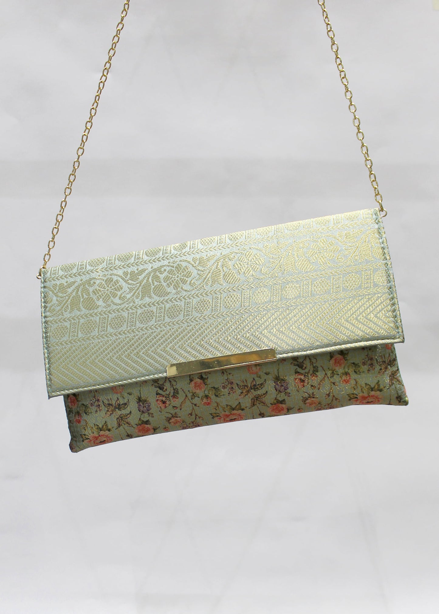 Mint Green Floral Printed Zari Woven Art Silk Clutch with golden Sling - Clutch D.No.02 P23 side View Image